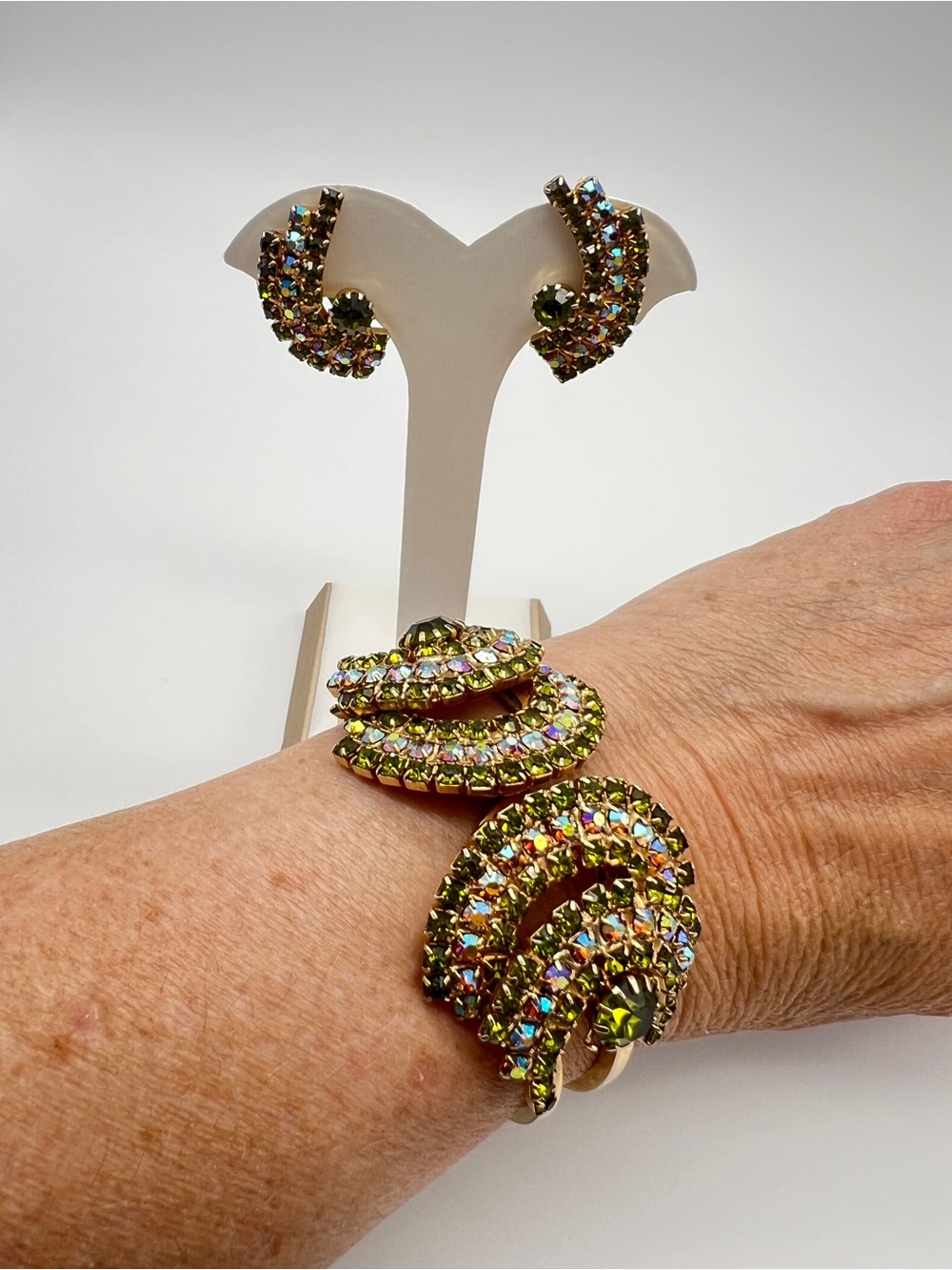 VTG Olivine and AB Crystal Clamper Bracelet and Earrings Set